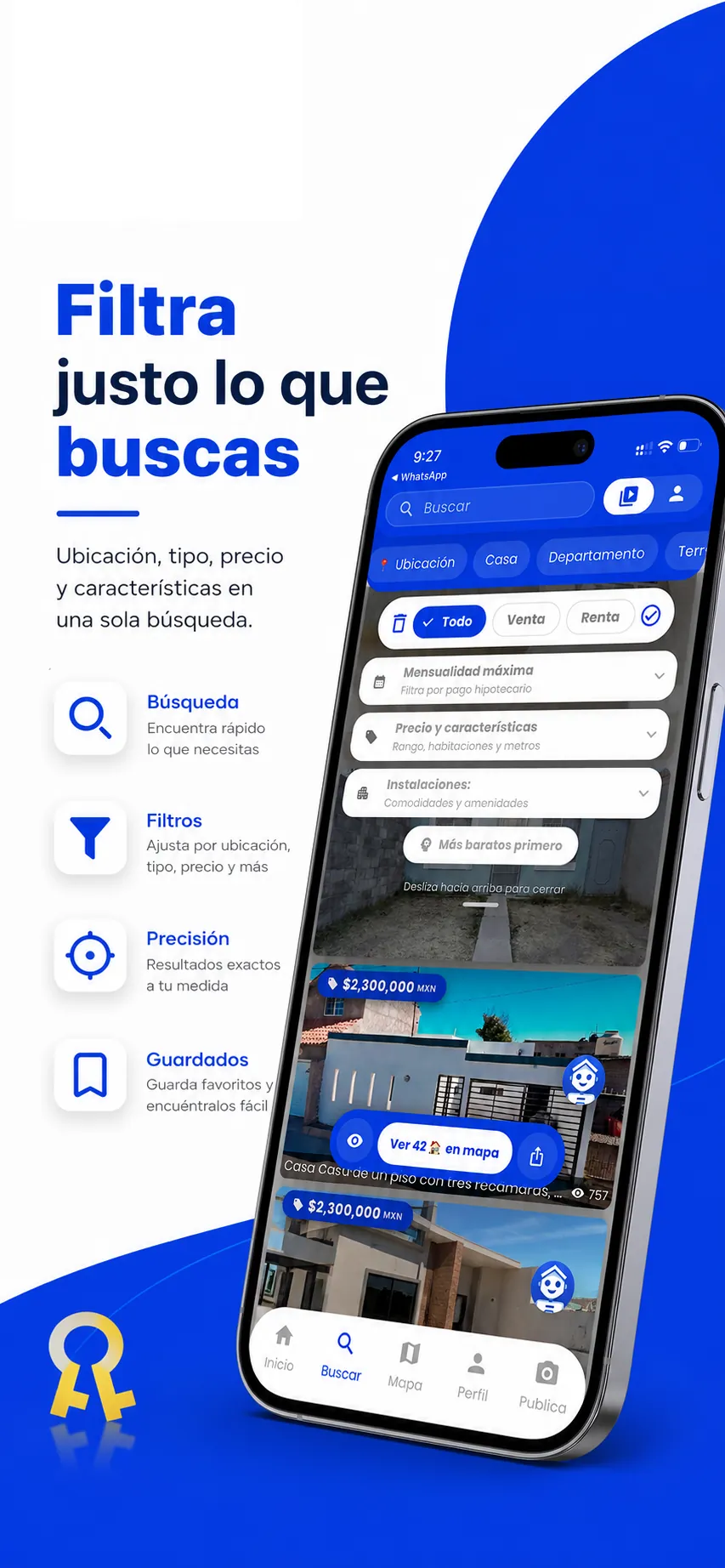 Key mostrando búsqueda avanzada y filtros de propiedades