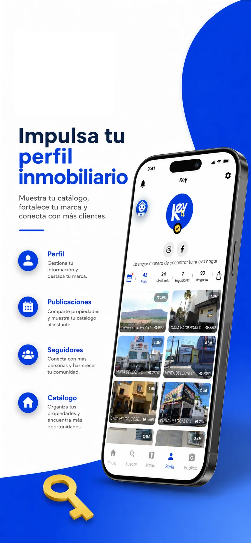 Key mostrando el perfil inmobiliario con publicaciones y catálogo