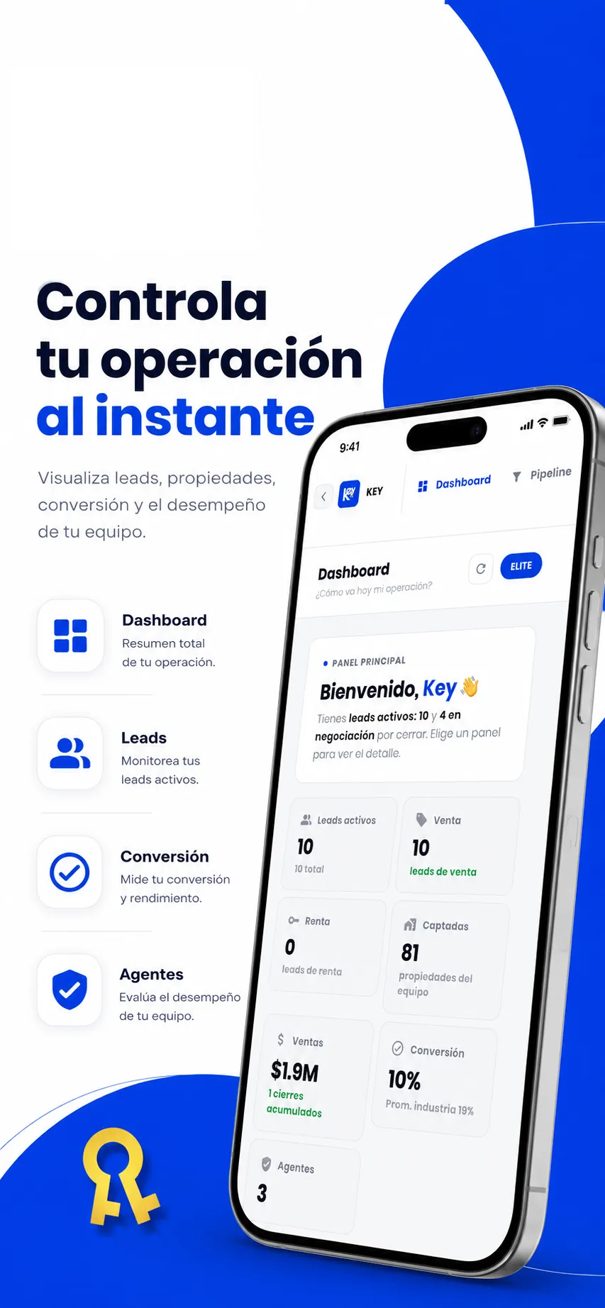 Key mostrando dashboard CRM con leads, ventas y métricas del equipo
